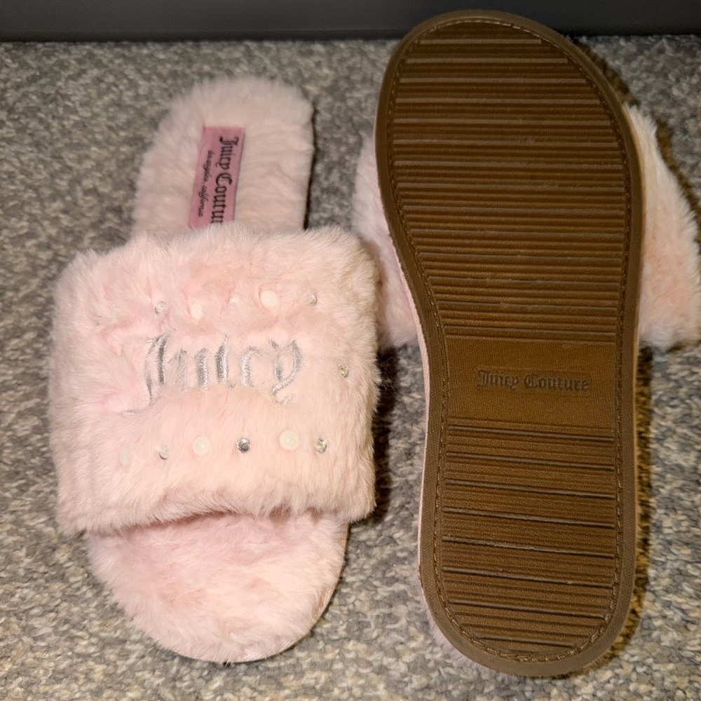 Juicy Couture GYANNA 2 Rhinestone Logo Faux Fur Pink Slide Slippers - Picture 3 of 7